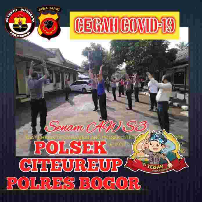 Kapolsek Citeureup Polres Bogor AKP RICKY WOWOR, SH untuk menjaga kesehatan anggotanya, selepas apel pagi mengajak seluruh personil untuk senam AW S3.