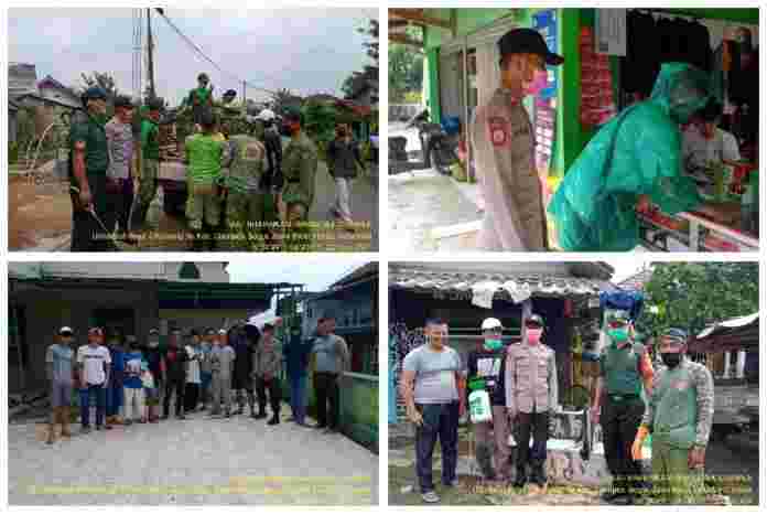 Cegah Virus Corona, Bhabinkamtibmas Desa Cihideung Ilir Polsek Ciampea Polres Bogor Lakukan Penyemprotan Cairan Desinfektan.